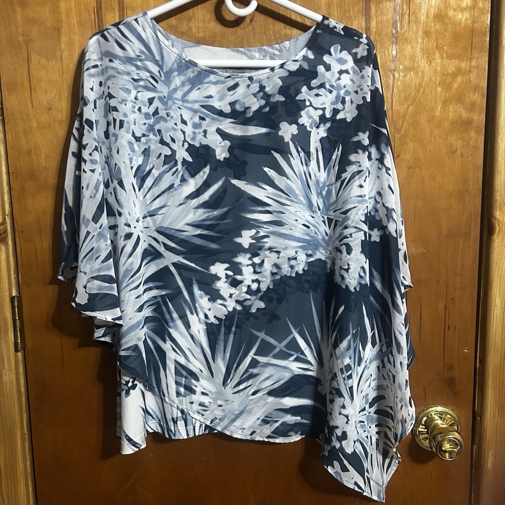 Chicos Floral Sheer Overlay Tunic Top Sz 3 (XL) Flowy Boho Ethereal Blue
